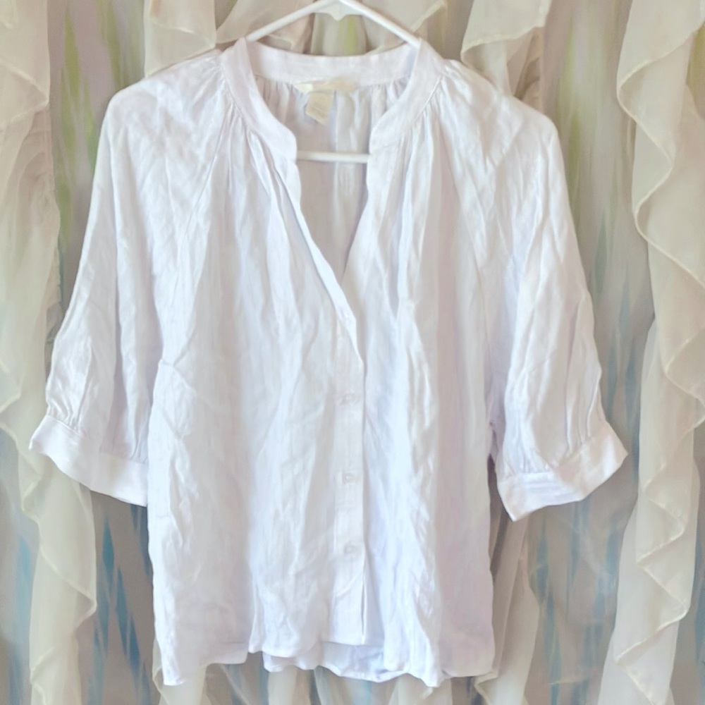 H&M White 3/4 Puffer Sleeve Button Down Blouse Size: Small